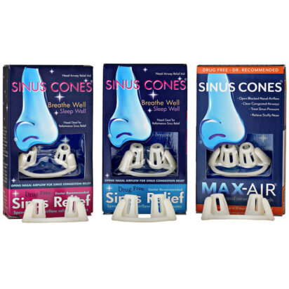 Close up photo of Max-Air Sinus Cones packaged products in Small Medium Large sizes