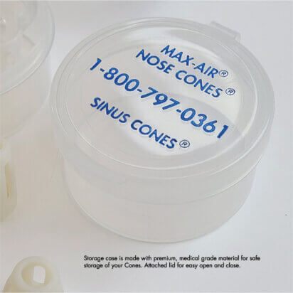 Convenient storage case for keeping Nose Cones and Sinus Cones clean. Small and compact for travel, or for safe keeping bedside from pets and kids.