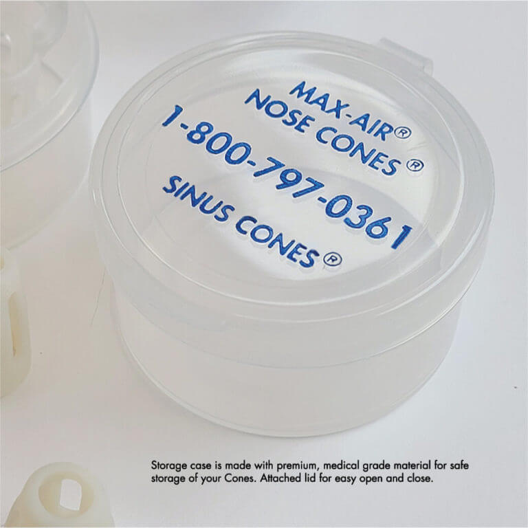 Convenient storage case for keeping Nose Cones and Sinus Cones clean. Small and compact for travel, or for safe keeping bedside from pets and kids.